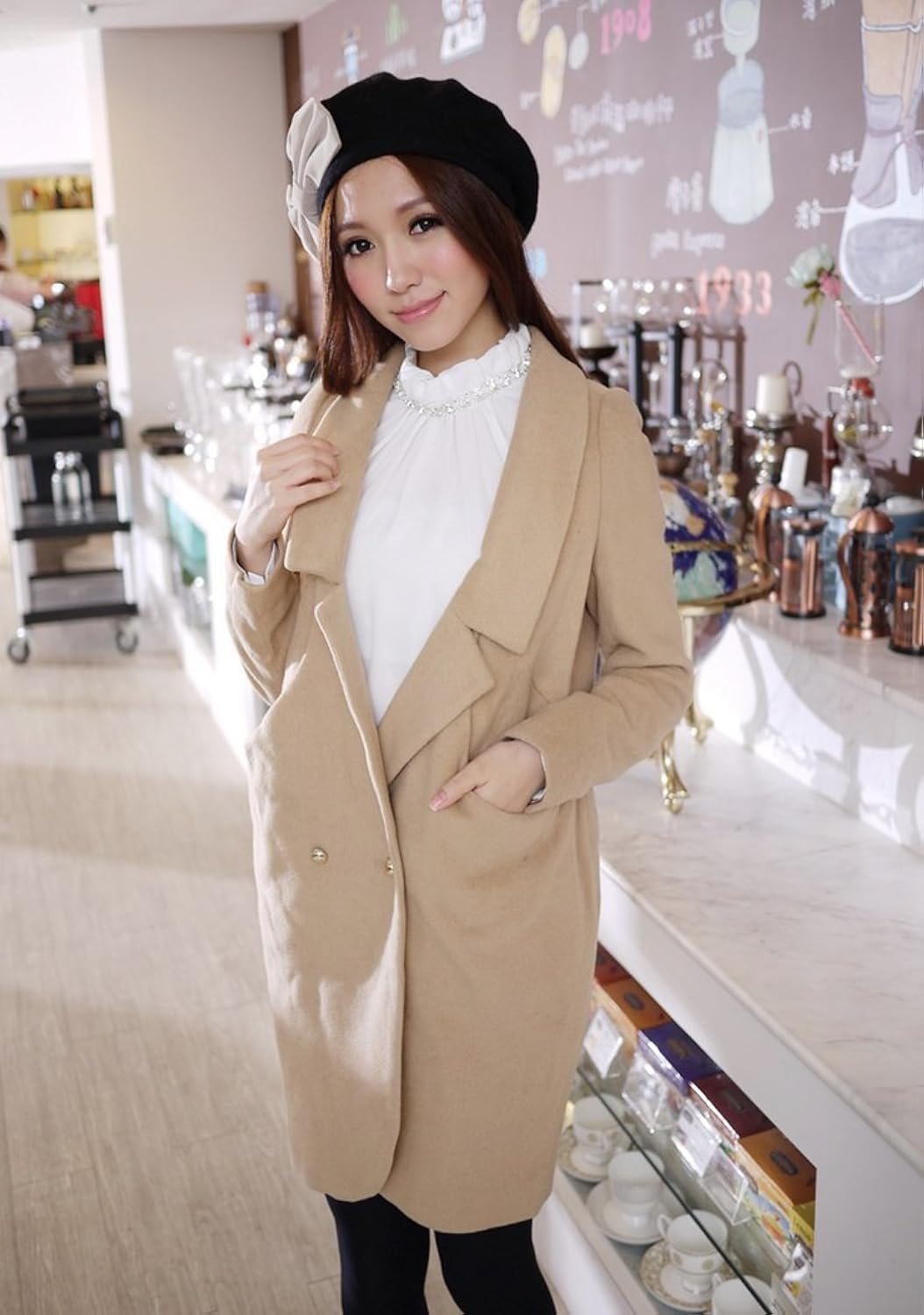 vimiva 薇玛 女装 纯色简约ol范长款呢子大衣 m 驼色